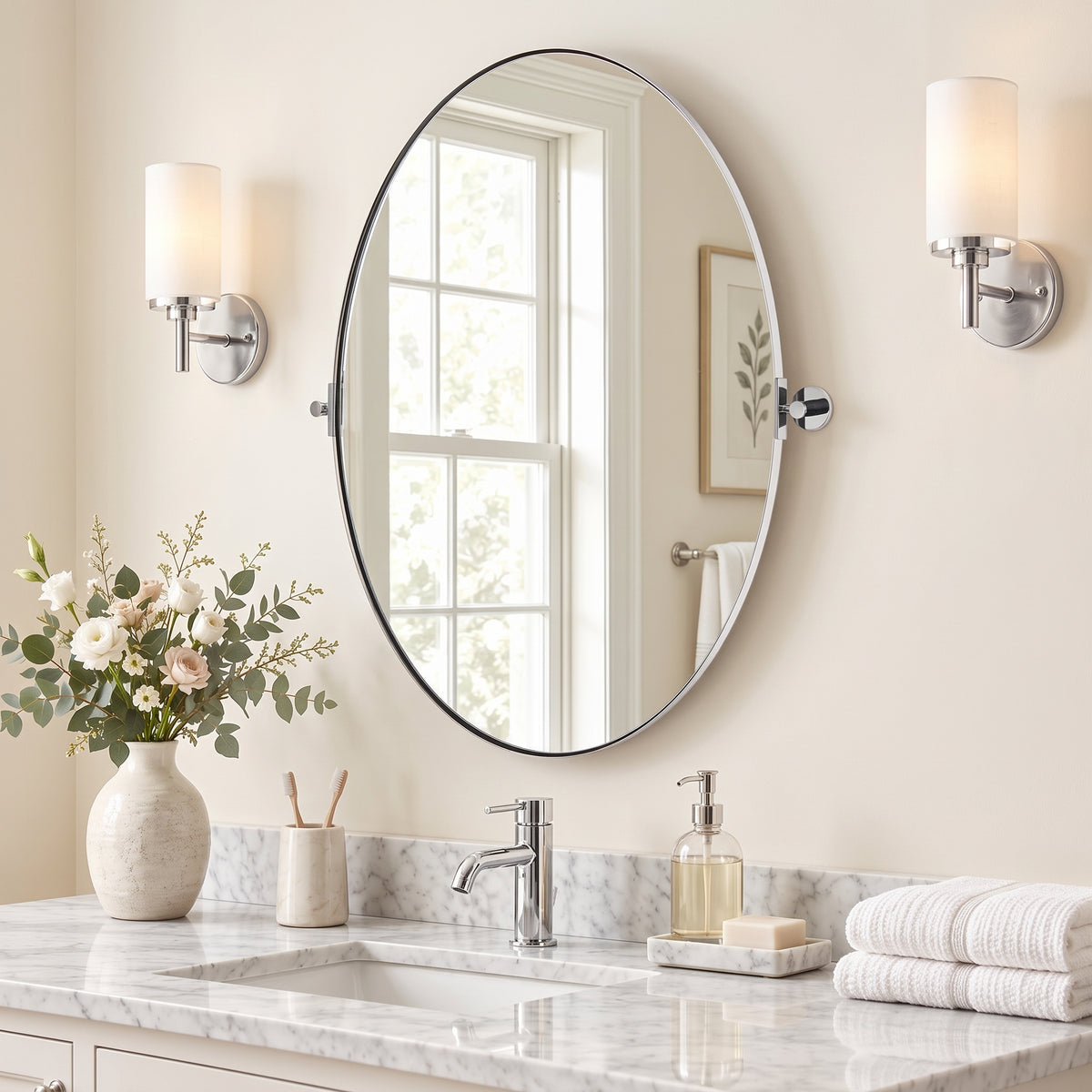 Oval Pivot Mirrors Adjustable Tilting Angle Floating  Bathroom Mirror| Stainless Steel Framed