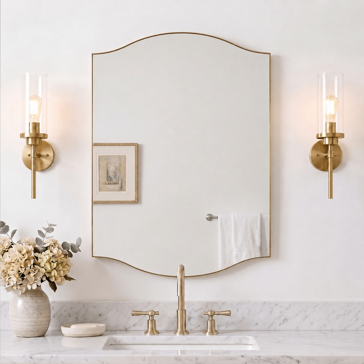 Dual Curve Arch Rectangular Scalloped  Bathroom Wall Mirror |Stainless Steel Framed
