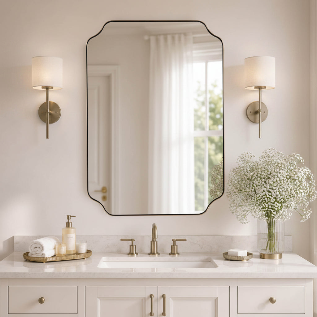 Contemporary Notched Corner Rectangle Scalloped Mirror for Wall /Bathroom | Stainless Steel Frame