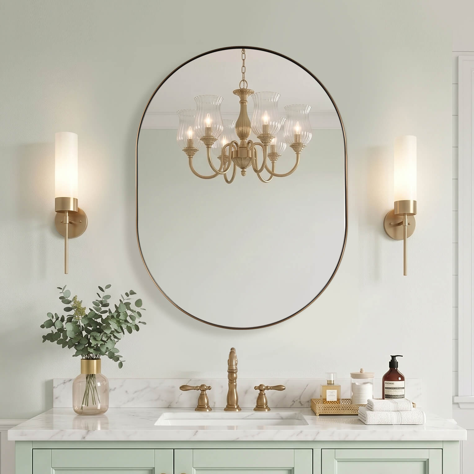 Modern Pill Shaped Capsule Wall Mirrors Long Oval Bathroom Vanity Mirror | Stainless Steel Frame