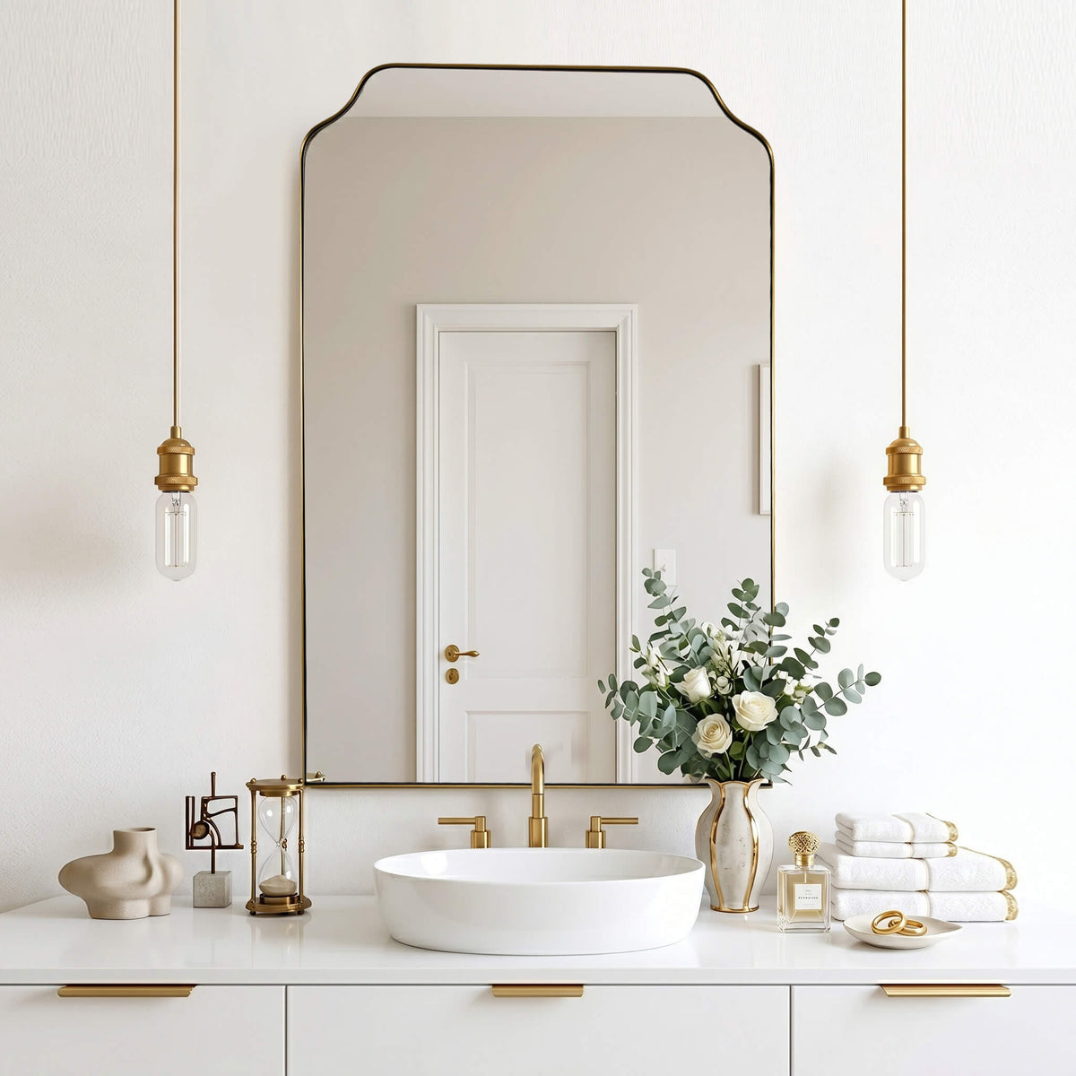 Contemporary Top Notched Corner Arch Scalloped Bathroom Vanity Mirror | Stainless Steel Frame