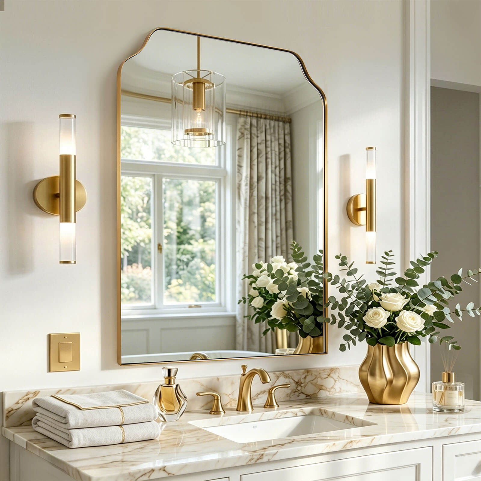 Modern Top Notched Corner Scalloped Bathroom Rectangle Vanity Wall Mirror | Stainless Steel Frame