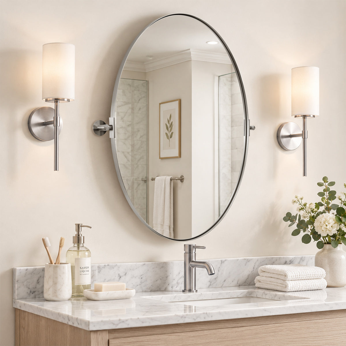 Oval Pivot Mirrors Adjustable Tilting Angle Floating  Bathroom Mirror| Stainless Steel Framed