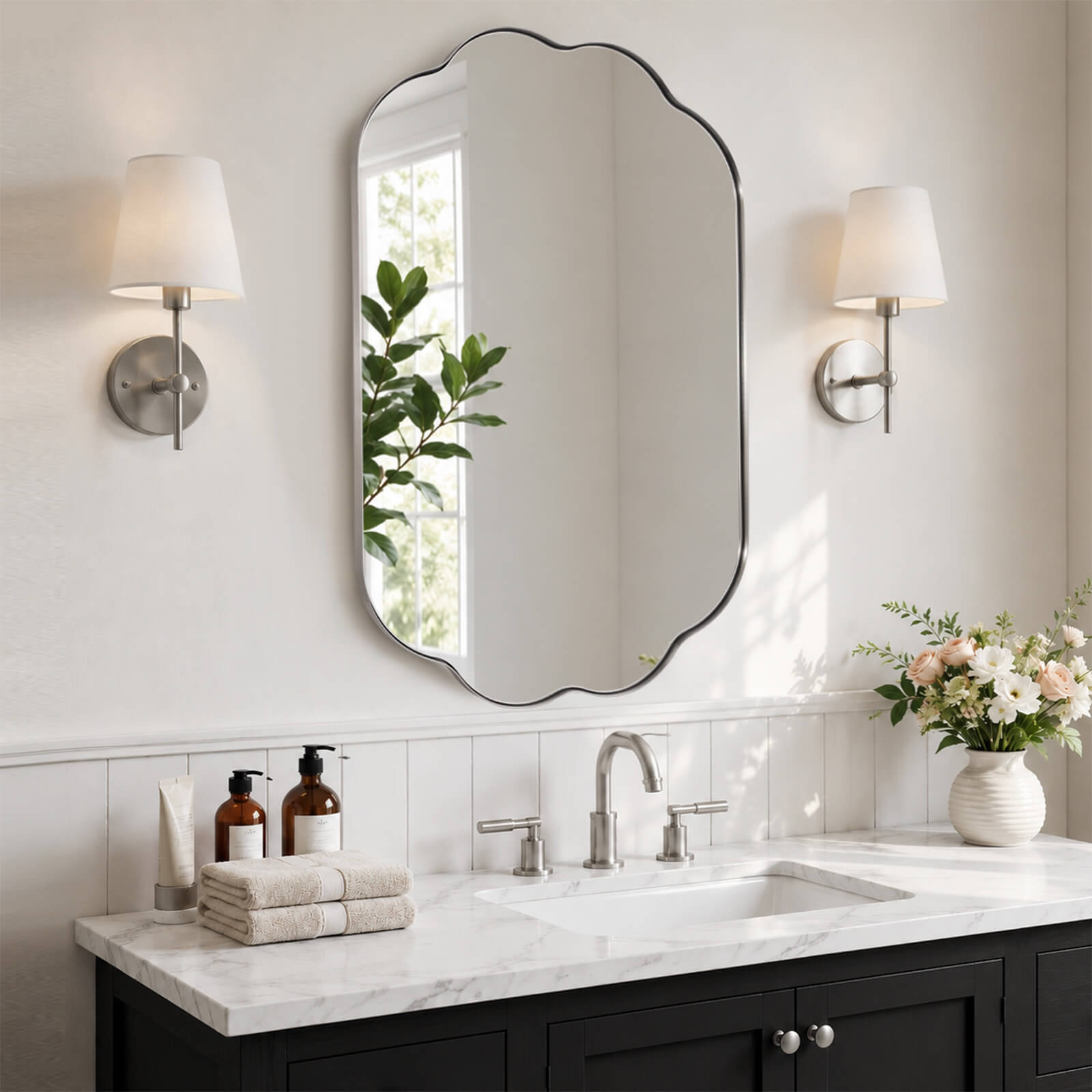 Contemporary Pill Shaped Long Oval Scalloped Bathroom Vanity Wall Mirror| Stainless Steel Framed