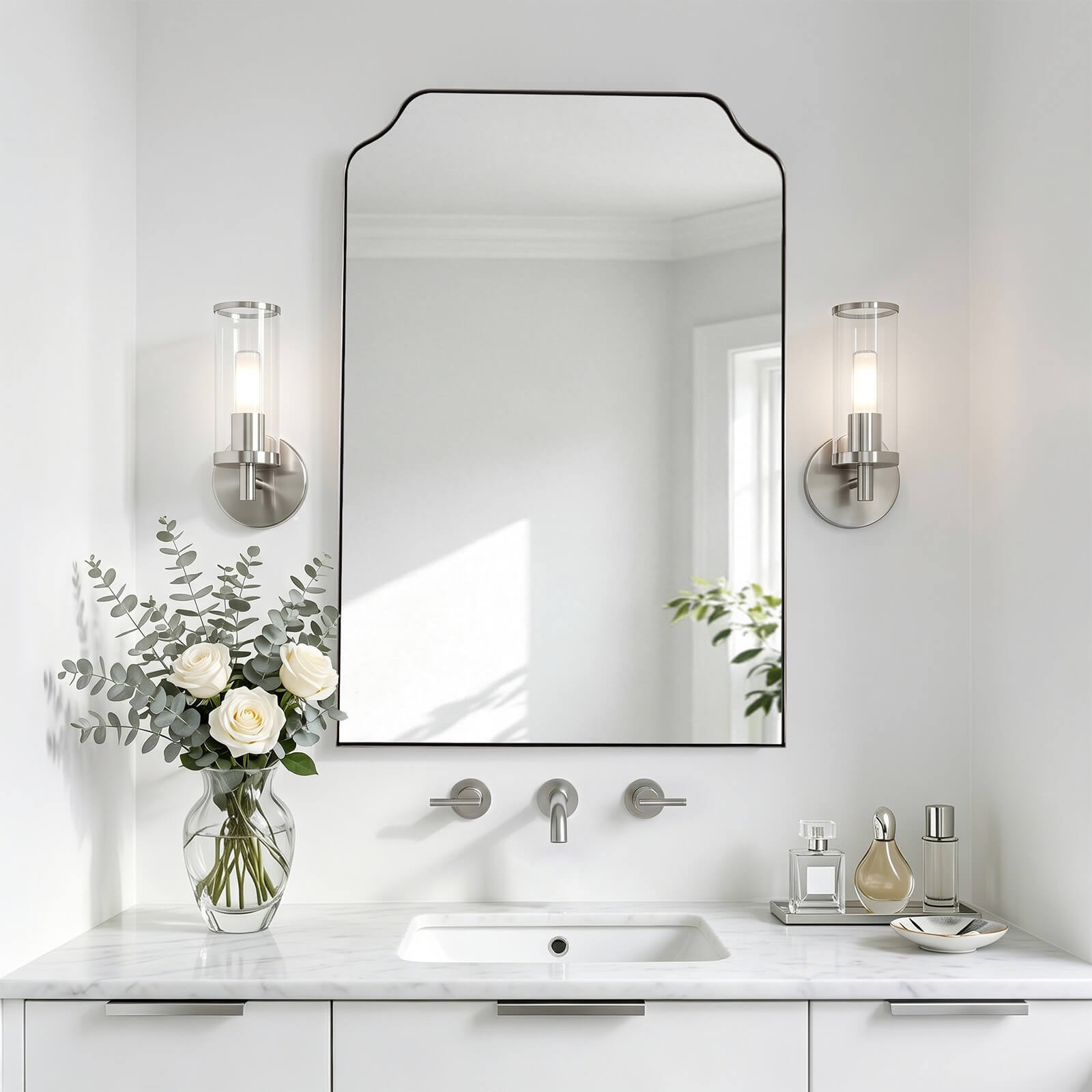 Modern Top Notched Corner Scalloped Bathroom Rectangle Vanity Wall Mirror | Stainless Steel Frame