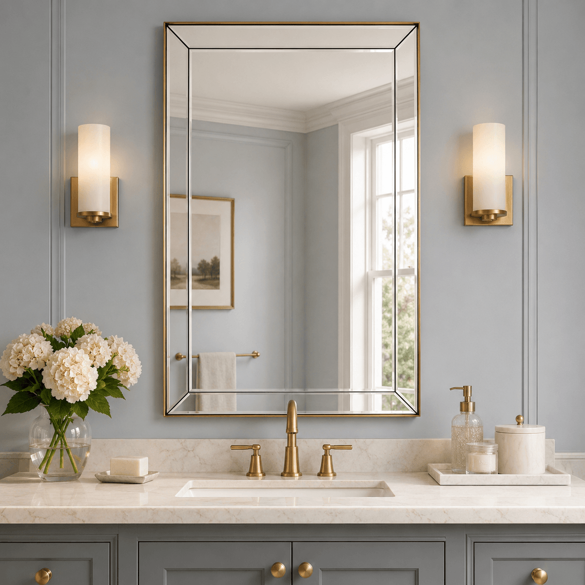 Luxury Beveled Glass Tiles  Edge Rectangle Bathroom Vanity Mirror | Stainless Steel Frame