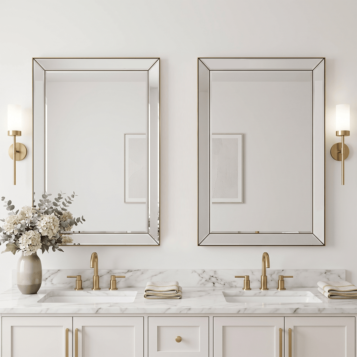Luxury Beveled Glass Tiles  Edge Rectangle Bathroom Vanity Mirror | Stainless Steel Frame