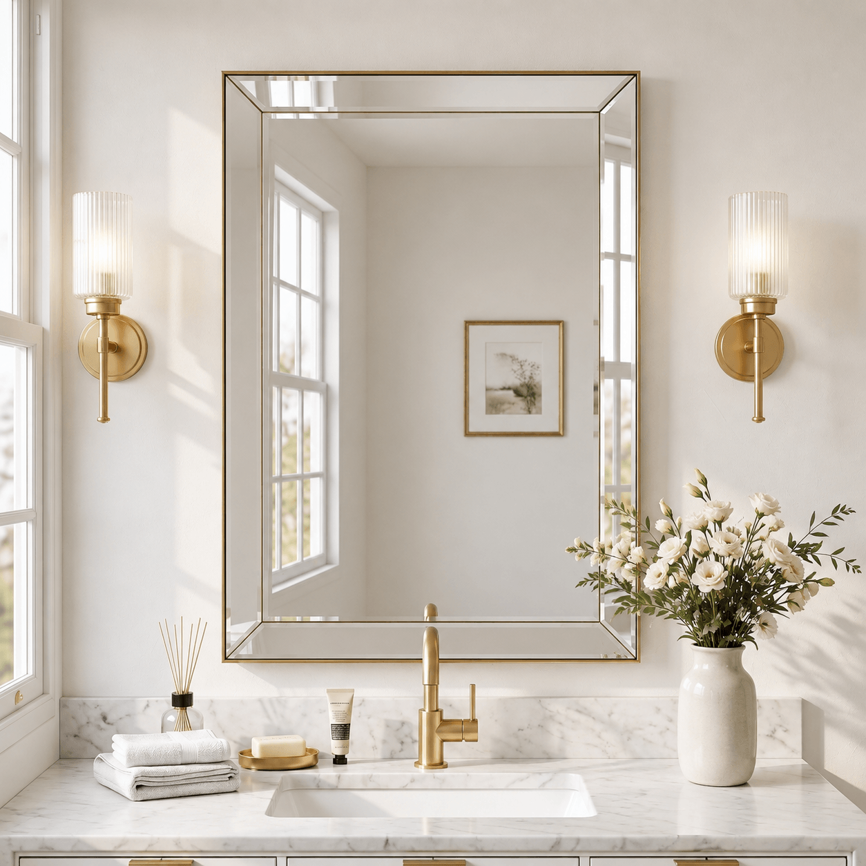 Contemporary Beveled Edge Rectangle Bathroom Vanity Mirror | Stainless Steel Frame