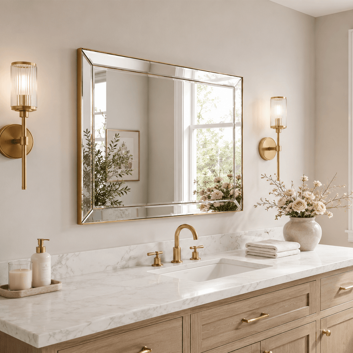 Luxury Beveled Glass Tiles  Edge Rectangle Bathroom Vanity Mirror | Stainless Steel Frame