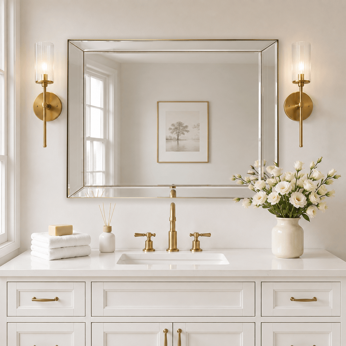 Luxury Beveled Glass Tiles  Edge Rectangle Bathroom Vanity Mirror | Stainless Steel Frame