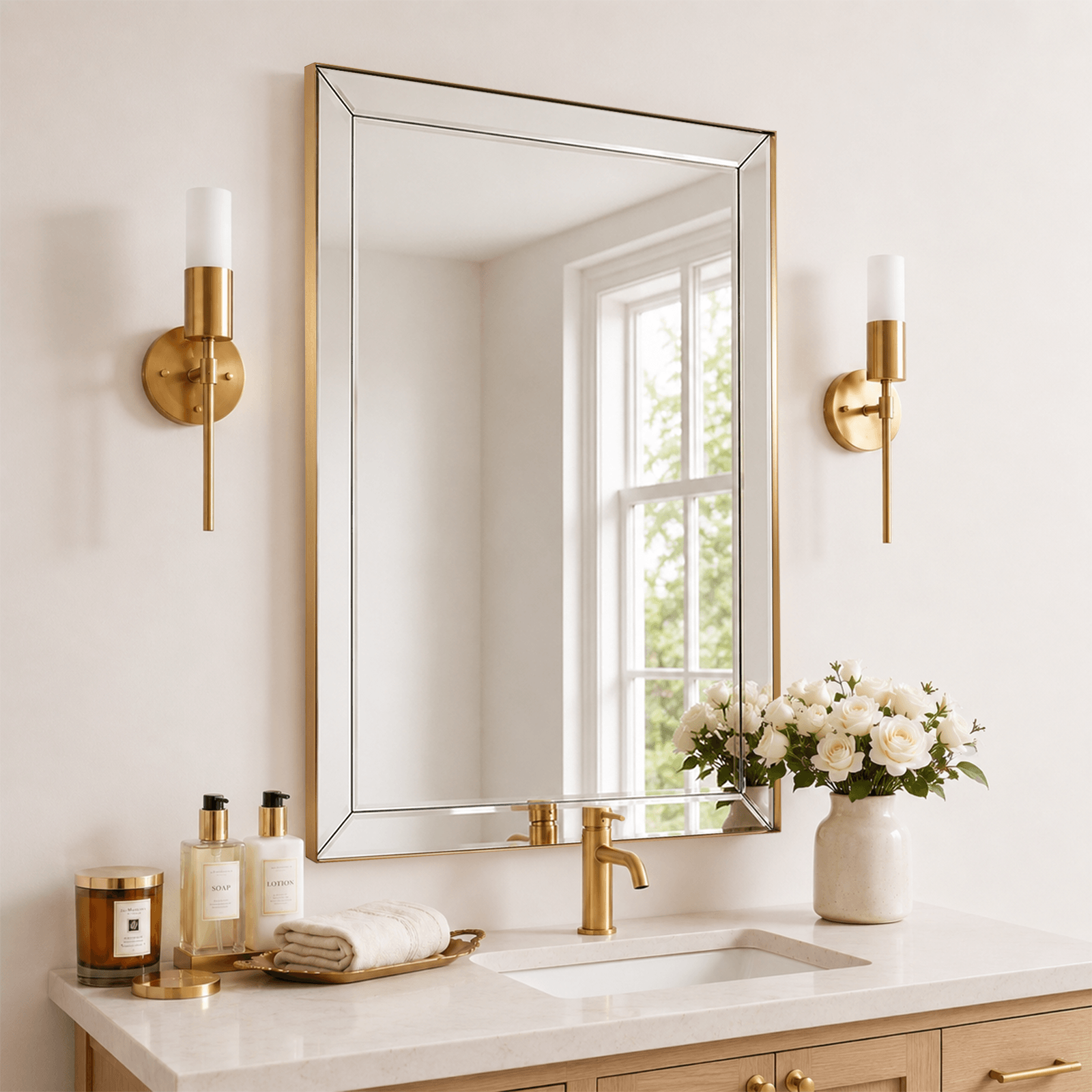 Contemporary Beveled Edge Rectangle Bathroom Vanity Mirror | Stainless Steel Frame