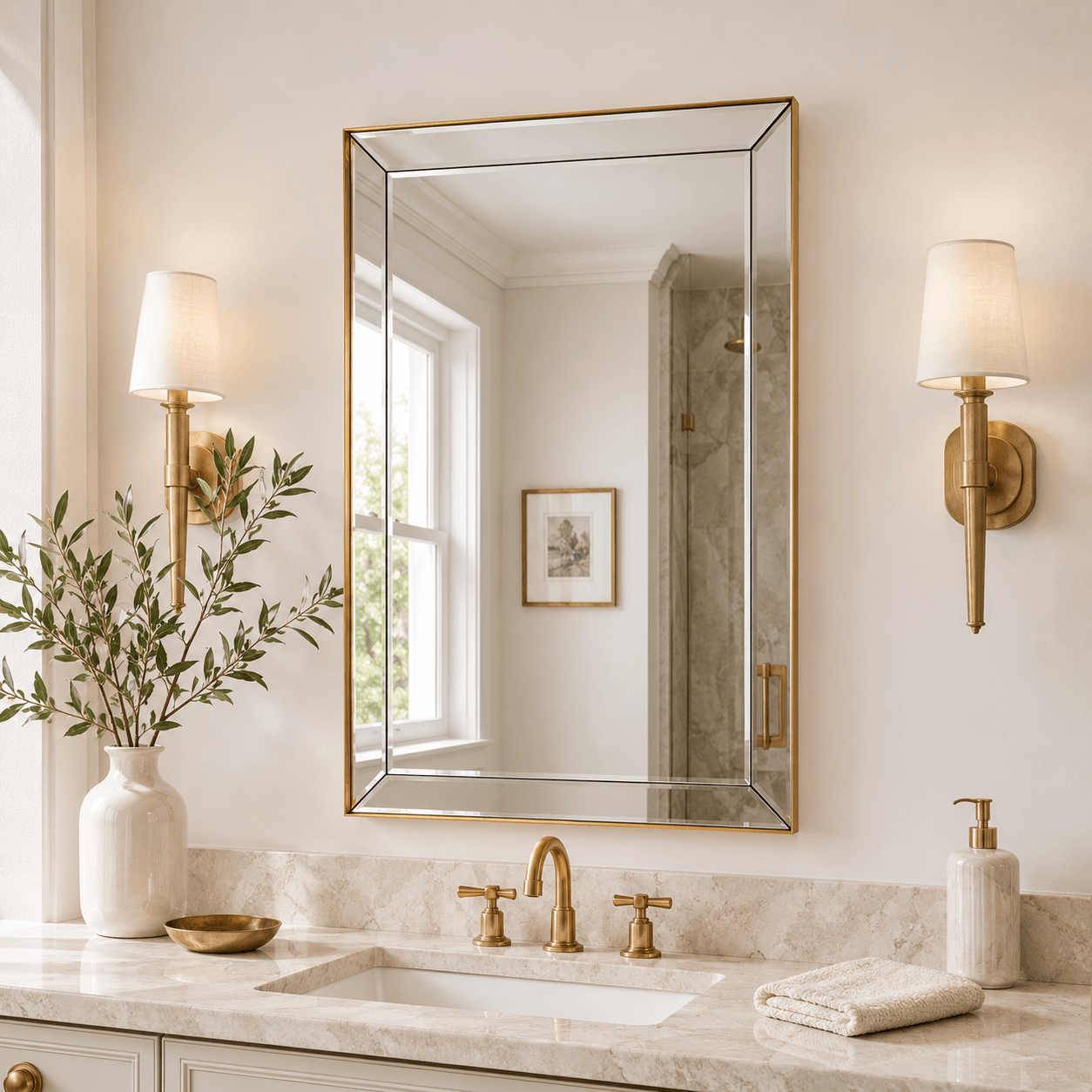Contemporary Beveled Edge Rectangle Bathroom Vanity Mirror | Stainless Steel Frame