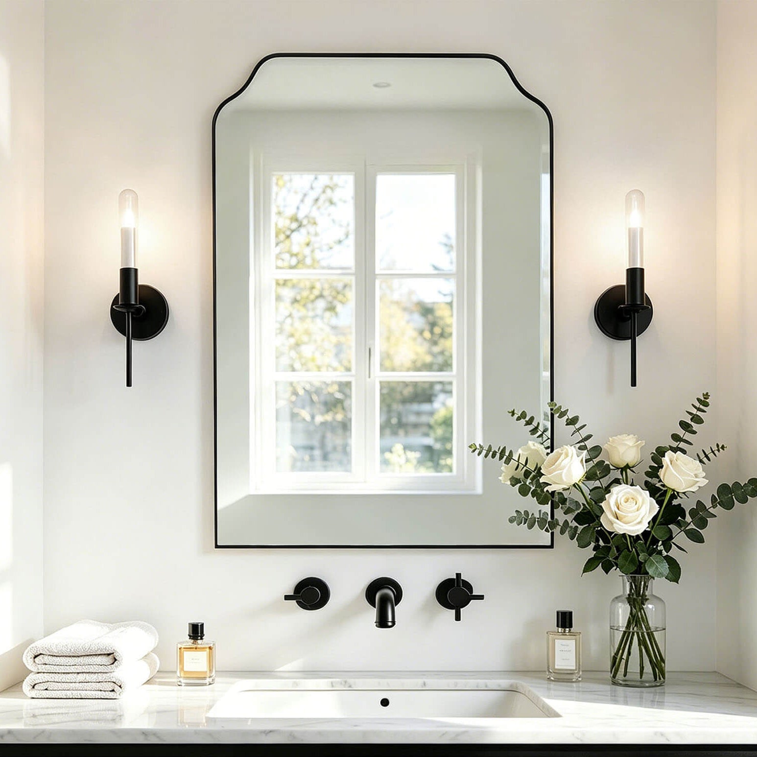 Contemporary Top Notched Corner Arch Scalloped Bathroom Vanity Mirror | Stainless Steel Frame