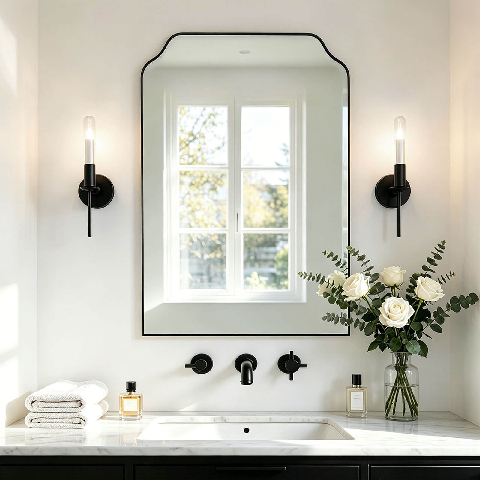 Modern Top Notched Corner Scalloped Bathroom Rectangle Vanity Wall Mirror | Stainless Steel Frame