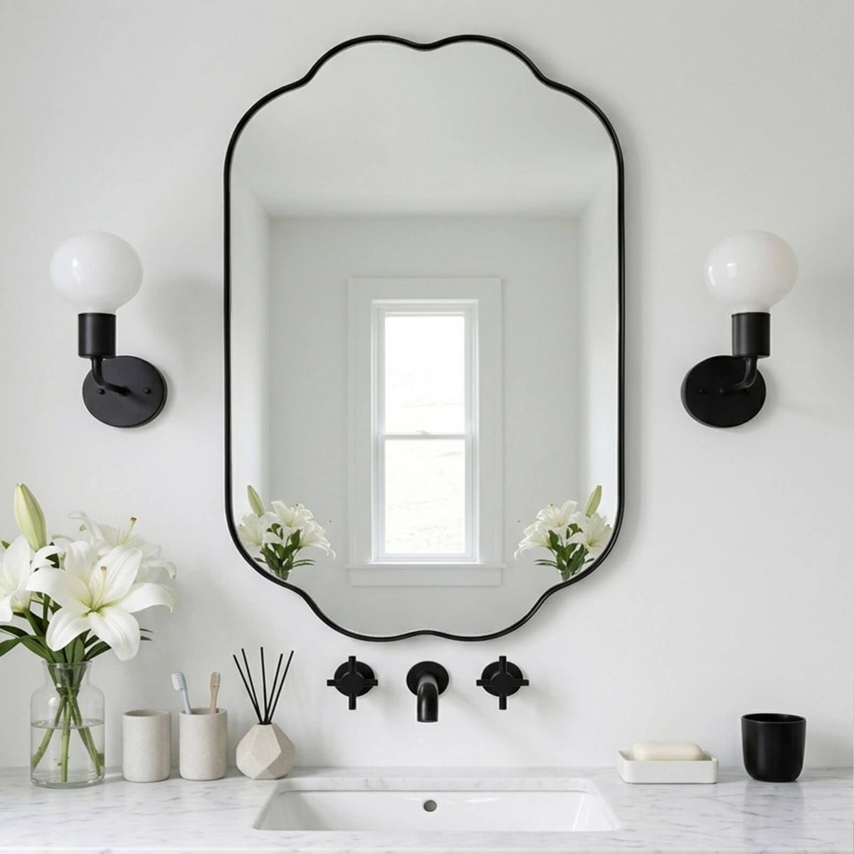 Contemporary Pill Shaped Long Oval Scalloped Bathroom Vanity Wall Mirror| Stainless Steel Framed