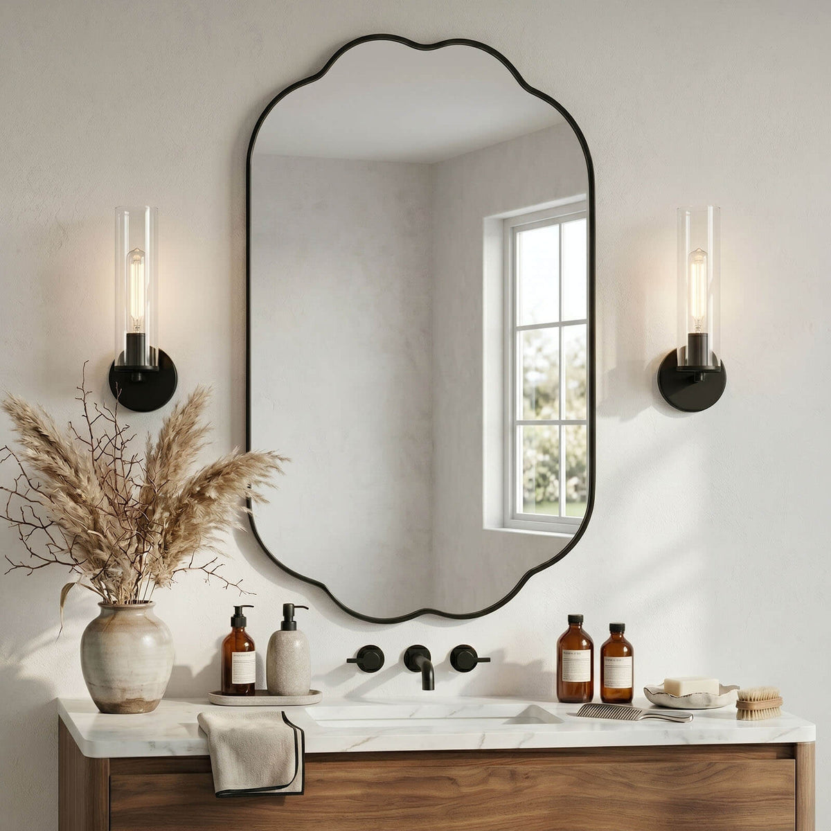 Contemporary Pill Shaped Long Oval Scalloped Bathroom Vanity Wall Mirror| Stainless Steel Framed
