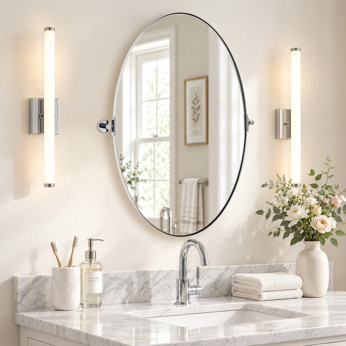 Oval Pivot Mirrors Adjustable Tilting Angle Floating  Bathroom Mirror| Stainless Steel Framed