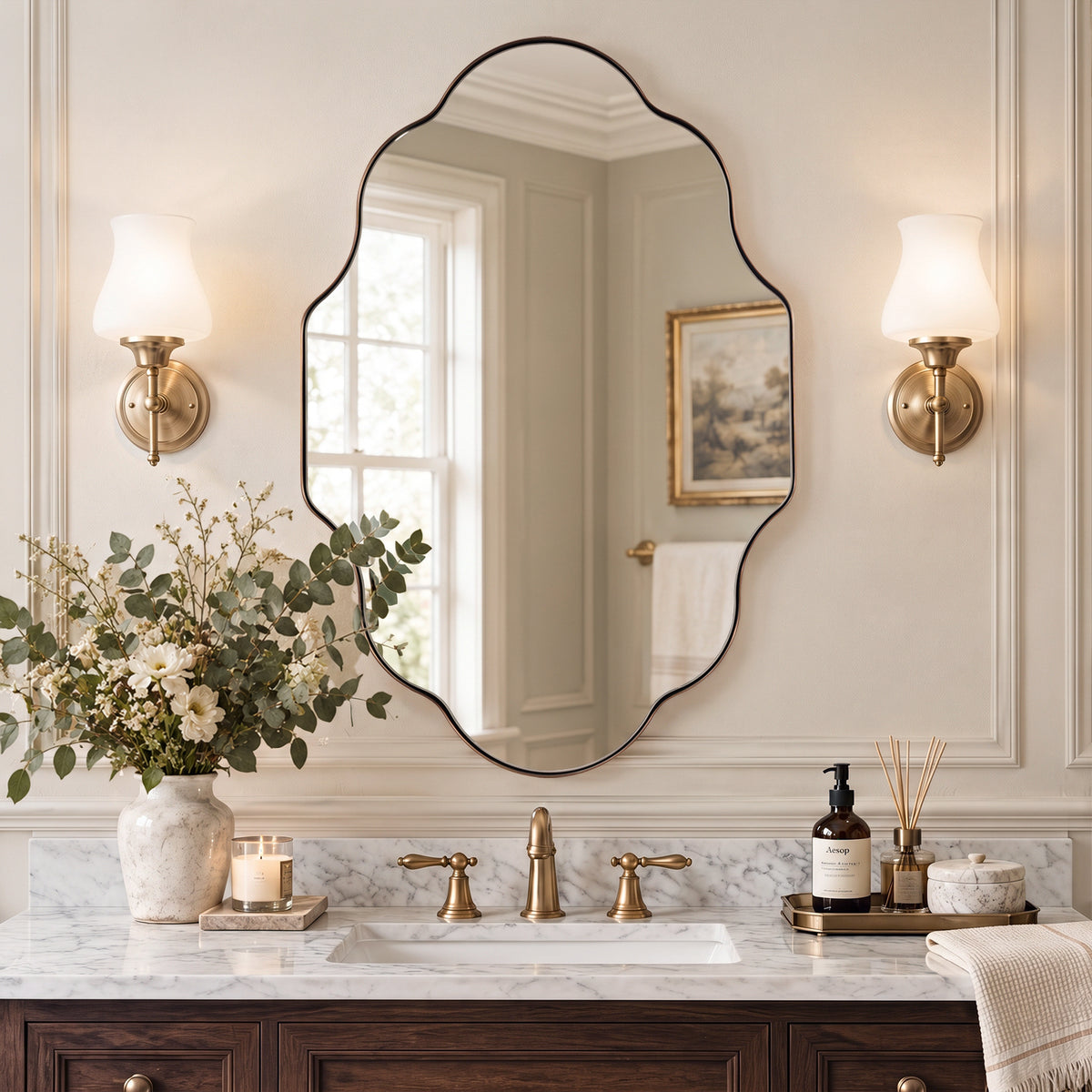 Modern Scalloped Oval Bathroom Vanity Mirror Wavy Wall Mirror | Stainless Steel Frame