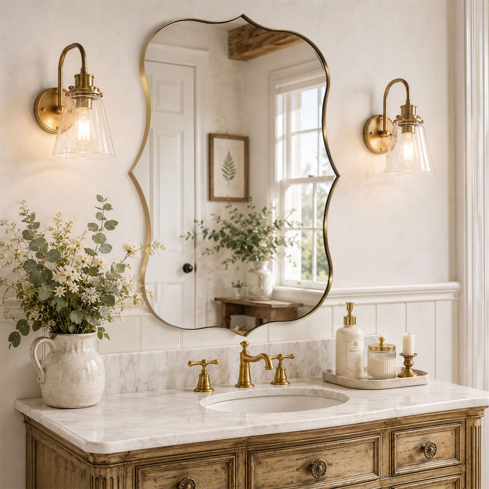 Antique Scalloped Wavy Curved Rectangle Decorative Vanity Mirror | Stainless Steel Frame