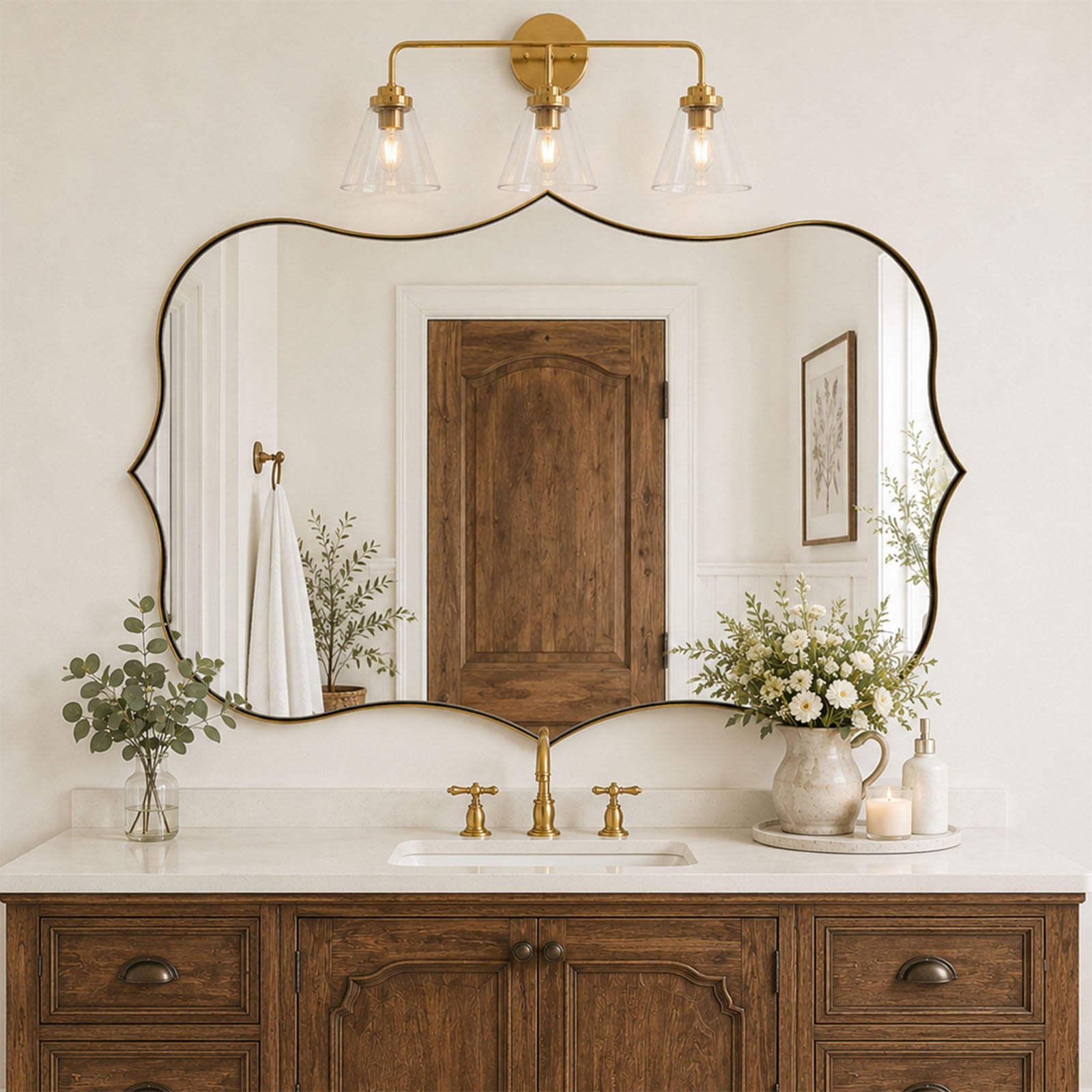 Antique Scalloped Wavy Curved Rectangle Decorative Vanity Mirror | Stainless Steel Frame