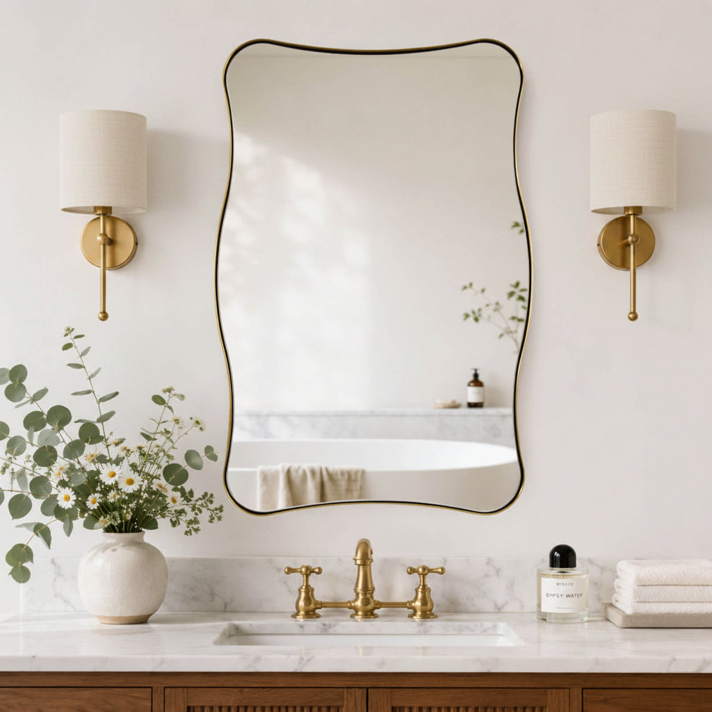 Contemporary Wavy Rectangle Scalloped Bathroom Wall Mirror | Stainless Steel Frame