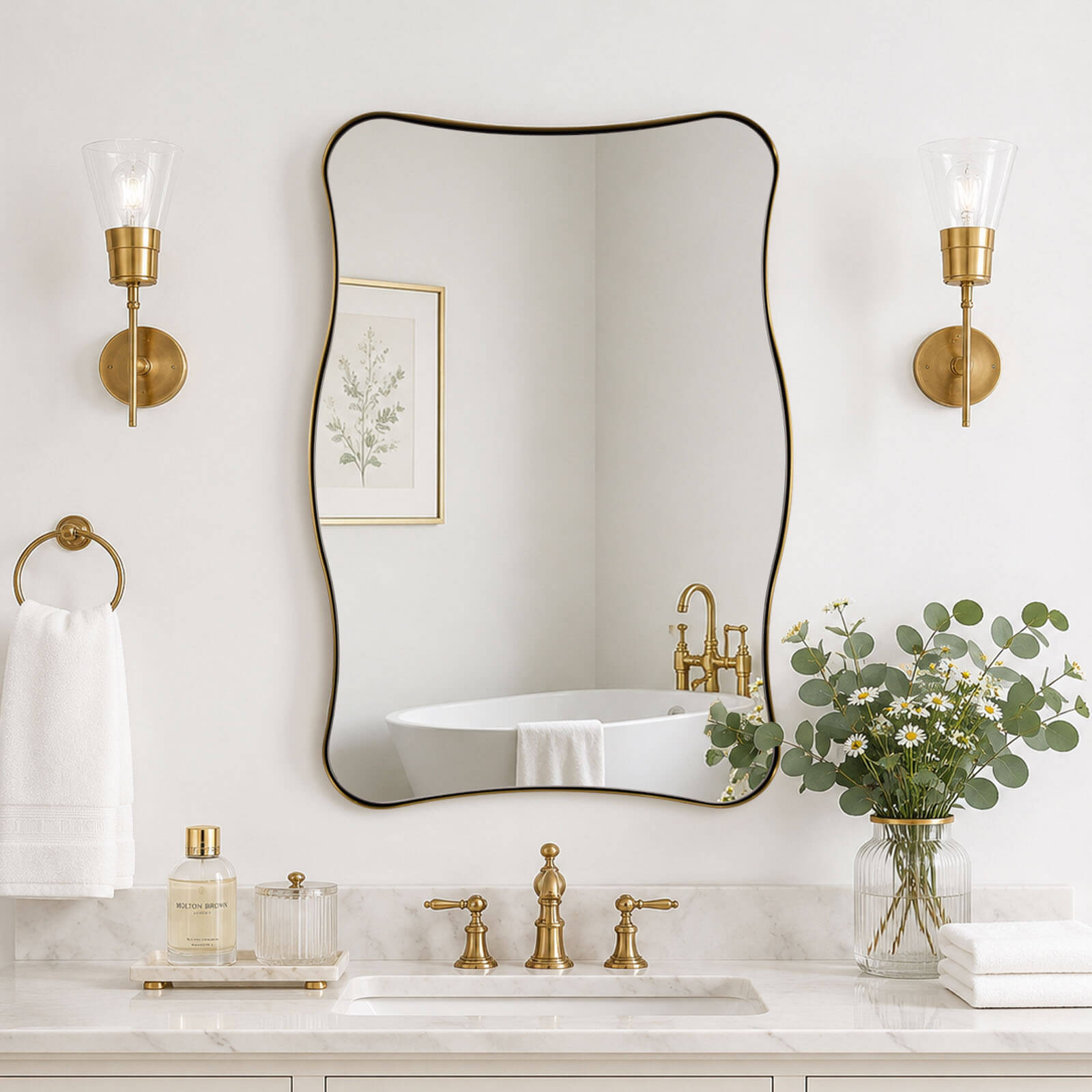 Contemporary Wavy Rectangle Scalloped Bathroom Wall Mirror | Stainless Steel Frame