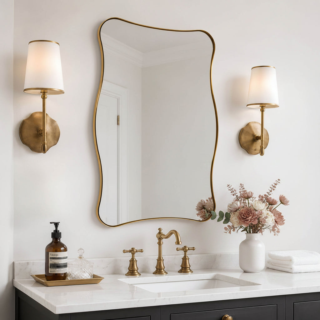 Contemporary Wavy Rectangle Scalloped Bathroom Wall Mirror | Stainless Steel Frame