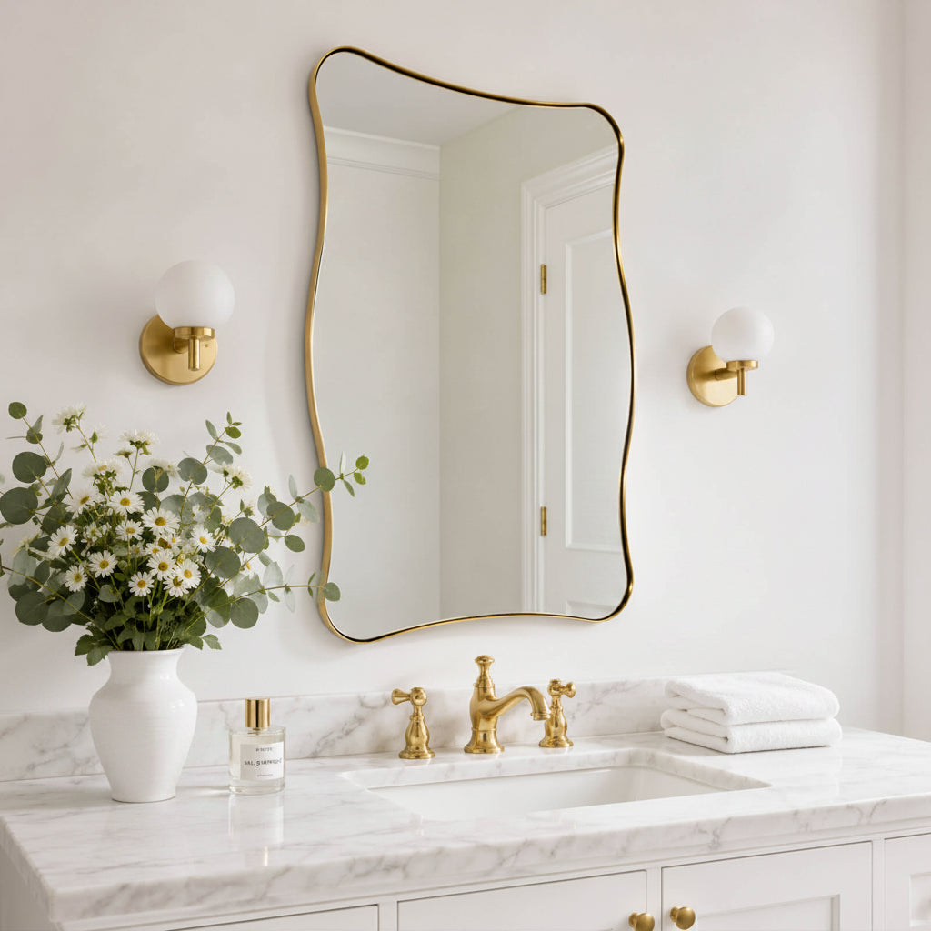 Contemporary Wavy Rectangle Scalloped Bathroom Wall Mirror | Stainless Steel Frame