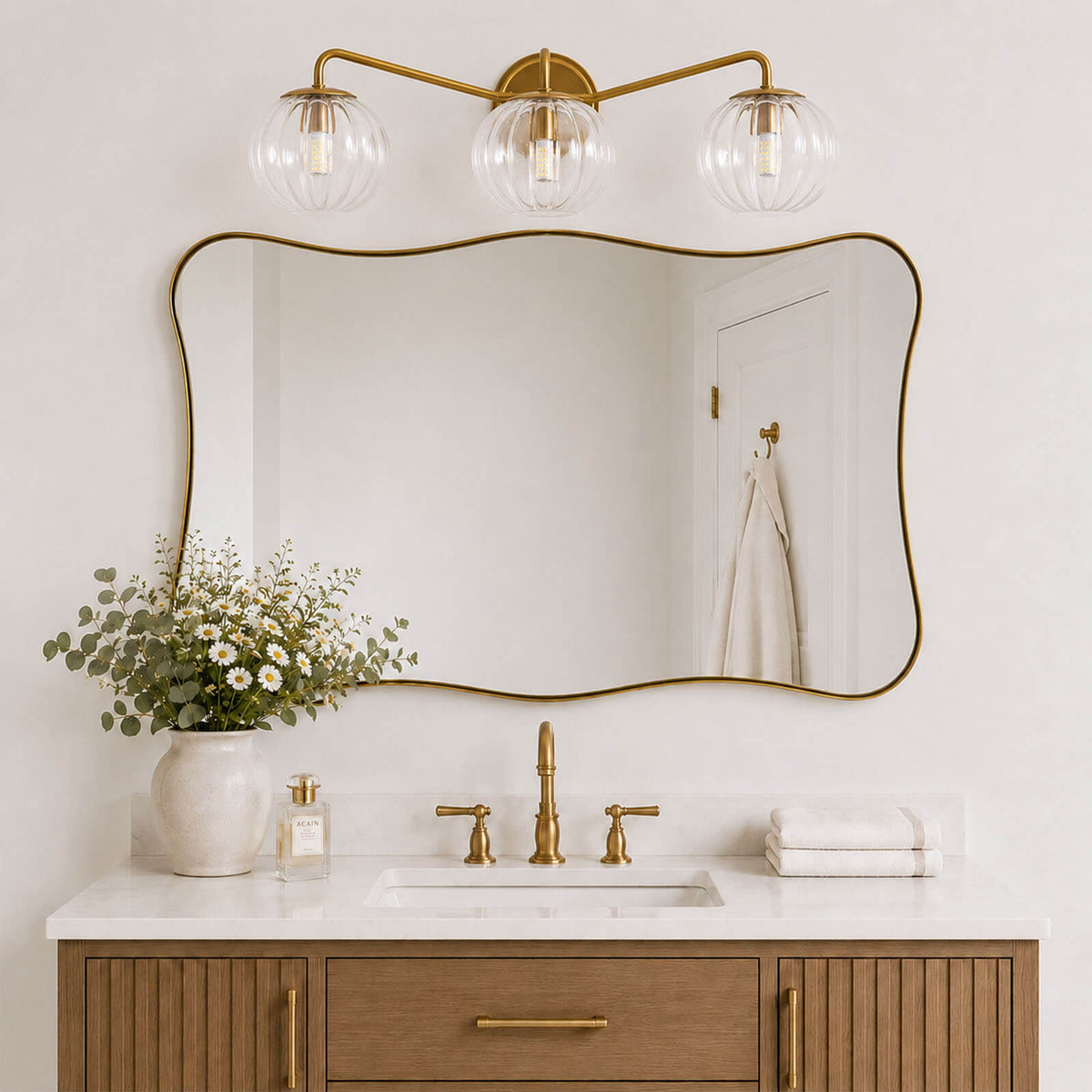 Contemporary Wavy Rectangle Scalloped Bathroom Wall Mirror | Stainless Steel Frame
