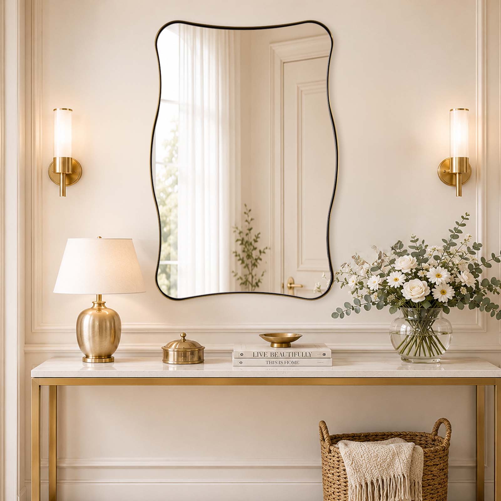 Contemporary Wavy Rectangle Scalloped Bathroom Wall Mirror | Stainless Steel Frame