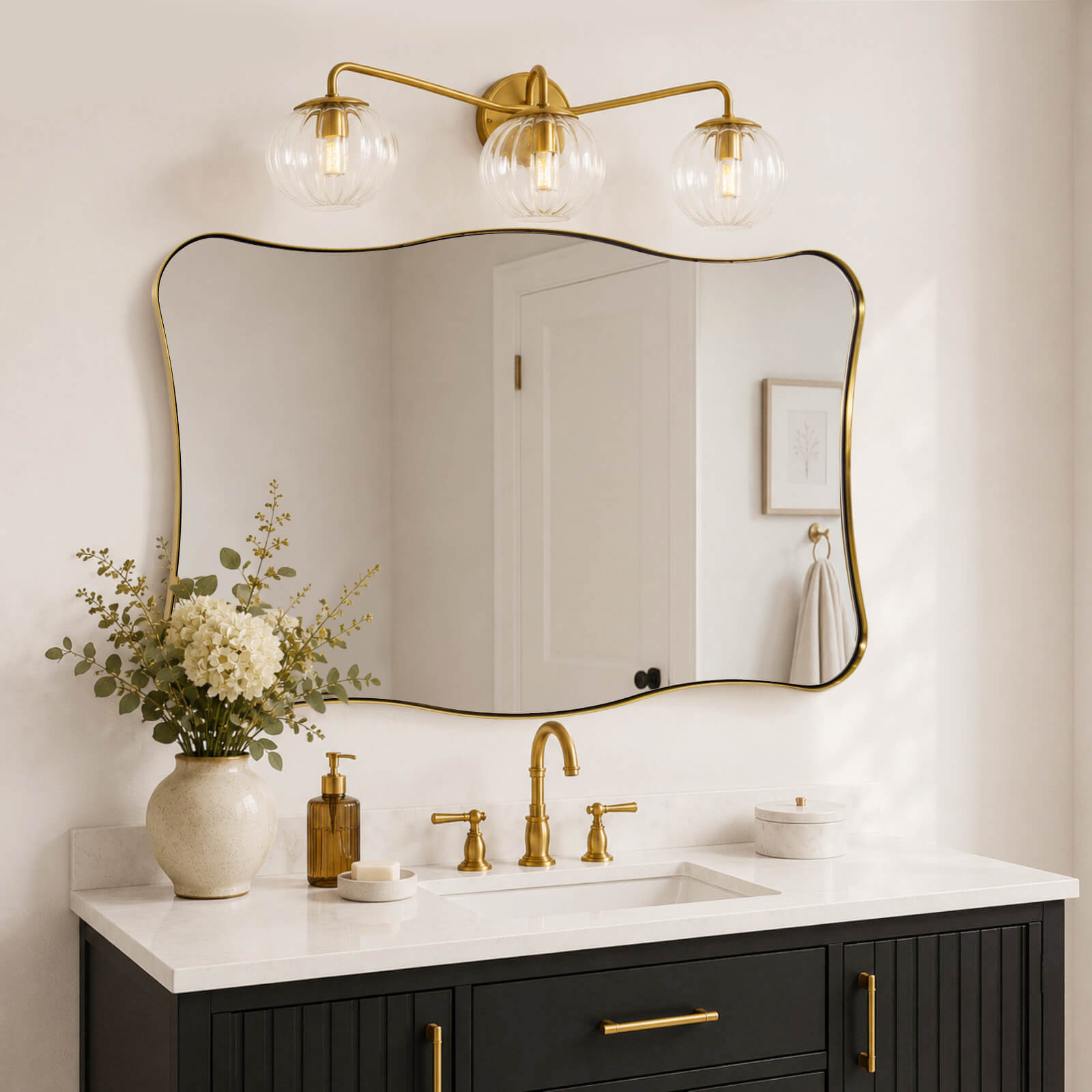 Contemporary Wavy Rectangle Scalloped Bathroom Wall Mirror | Stainless Steel Frame