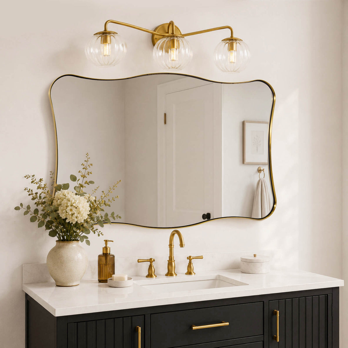 Contemporary Wavy Rectangle Scalloped Bathroom Wall Mirror | Stainless Steel Frame