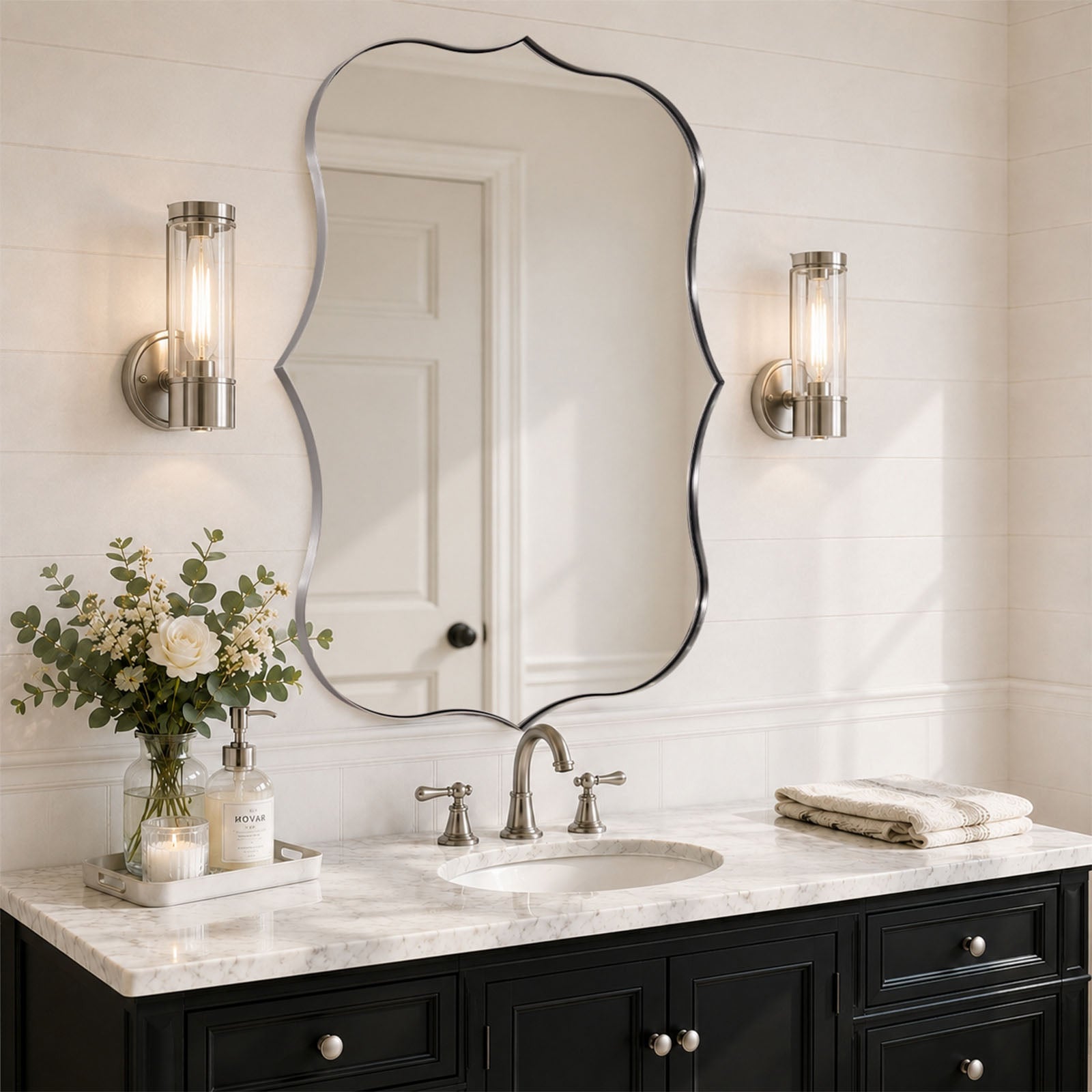Antique Scalloped Wavy Curved Rectangle Decorative Vanity Mirror | Stainless Steel Frame