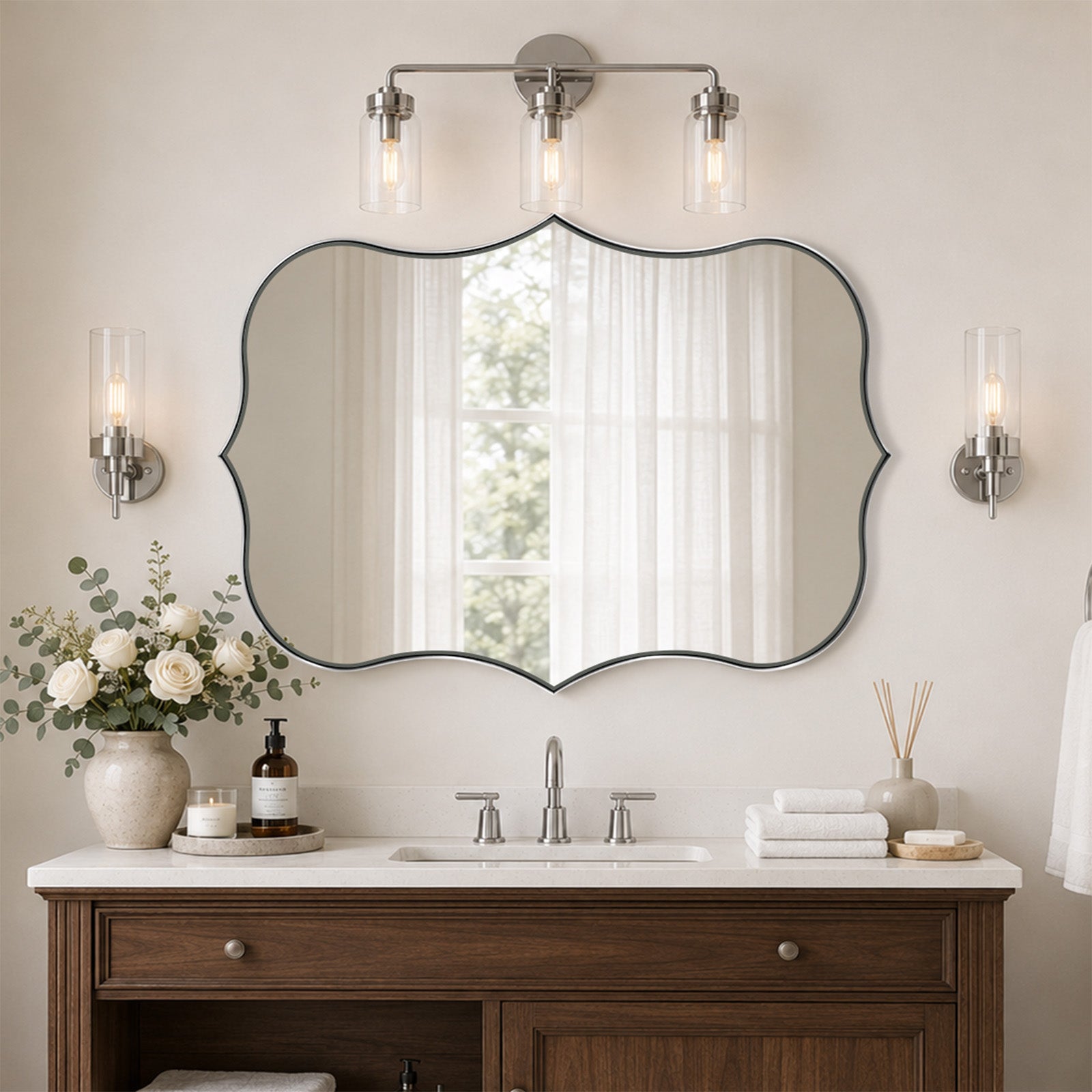 Antique Scalloped Wavy Curved Rectangle Decorative Vanity Mirror | Stainless Steel Frame