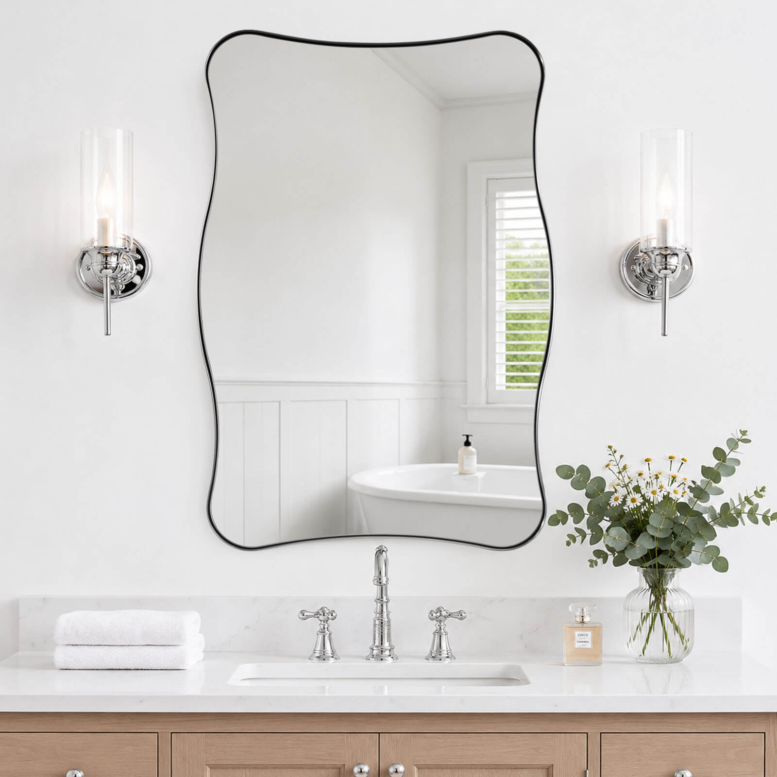Contemporary Wavy Rectangle Scalloped Bathroom Wall Mirror | Stainless Steel Frame