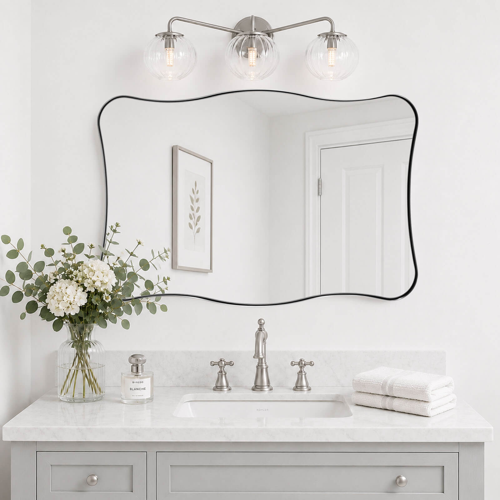 Contemporary Wavy Rectangle Scalloped Bathroom Wall Mirror | Stainless Steel Frame