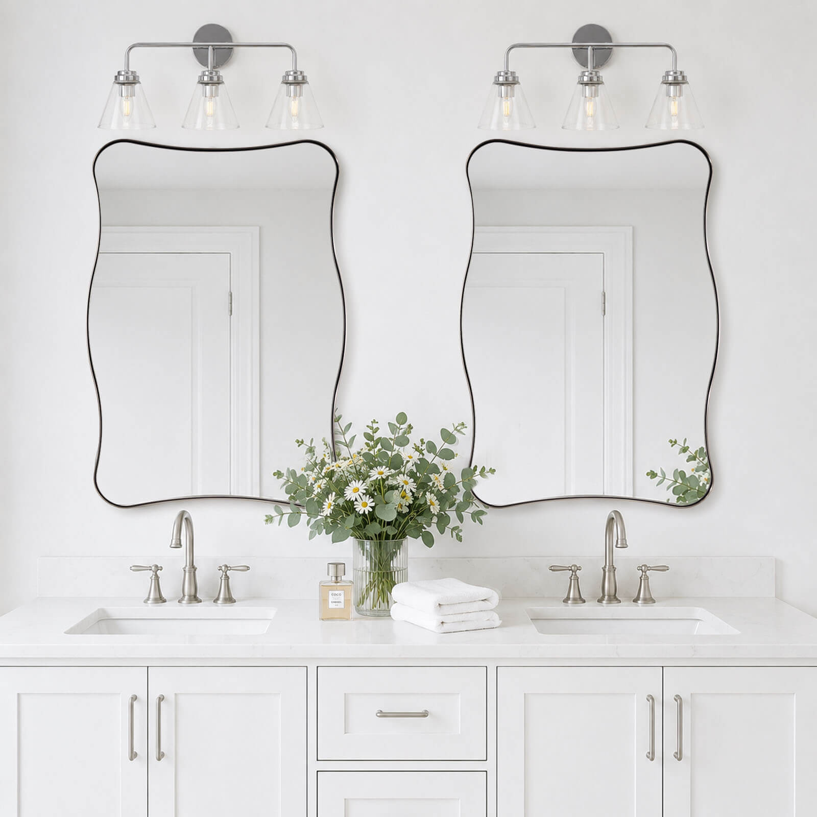 Contemporary Wavy Rectangle Scalloped Bathroom Wall Mirror | Stainless Steel Frame