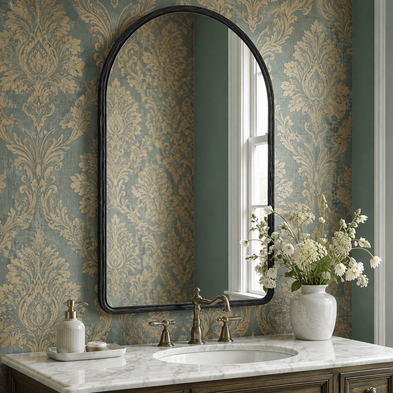 Antique Hand-Forged Iron Framed Arched Wrought Iron Bathroom Wall Mirror