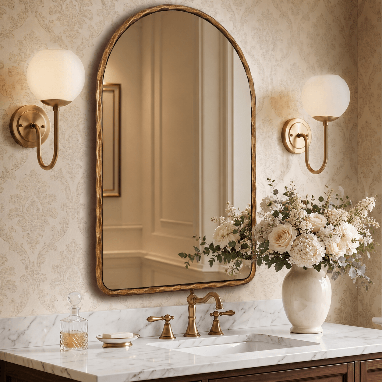Antique Hand-Forged Iron Framed Arched Wrought Iron Bathroom Wall Mirror