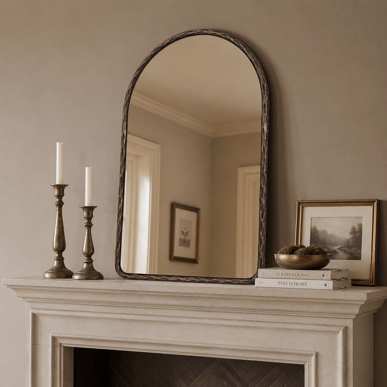 Antique Hand-Forged Iron Framed Arched Wrought Iron Bathroom Wall Mirror
