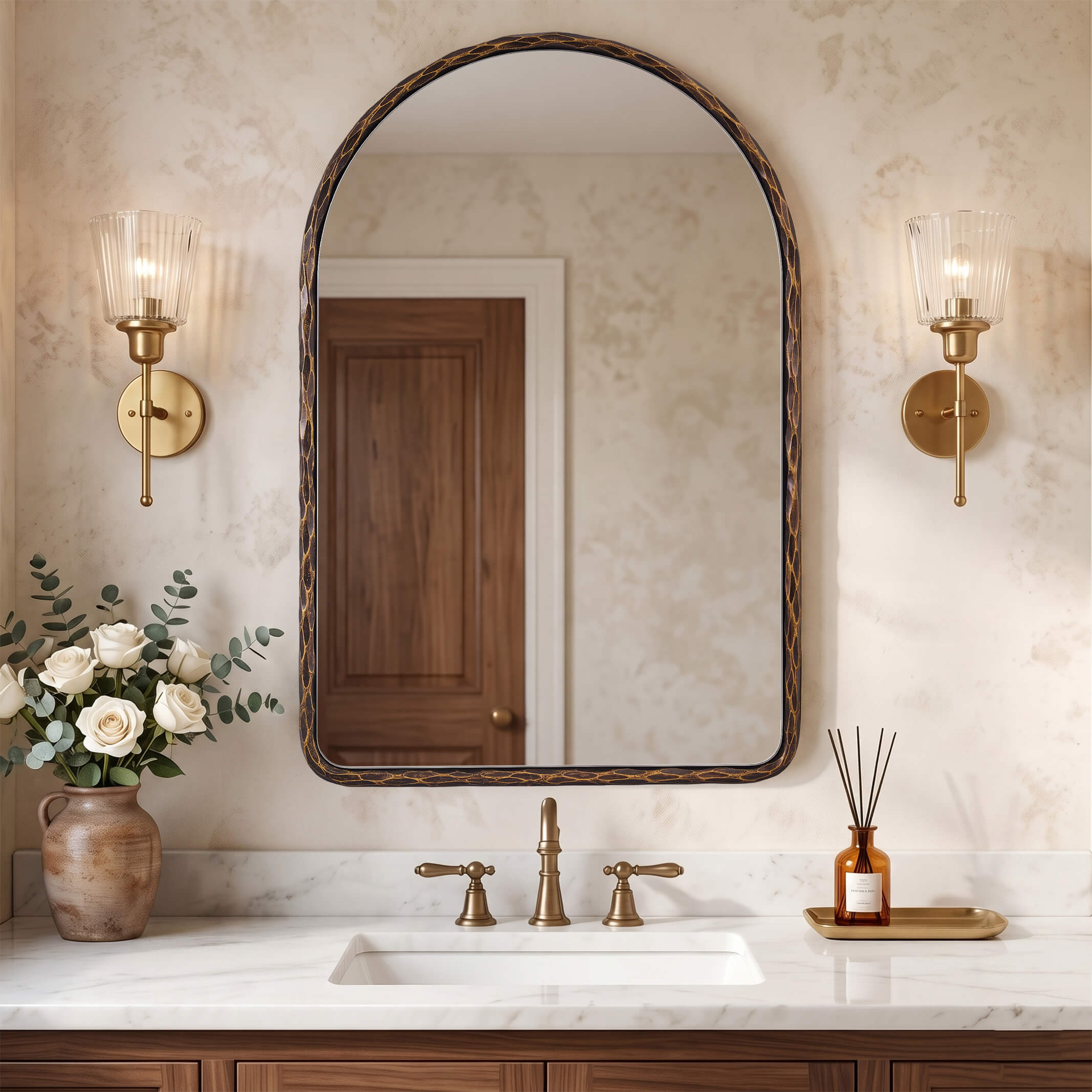 Antique Hand-Forged Iron Framed Arched Wrought Iron Bathroom Wall Mirror