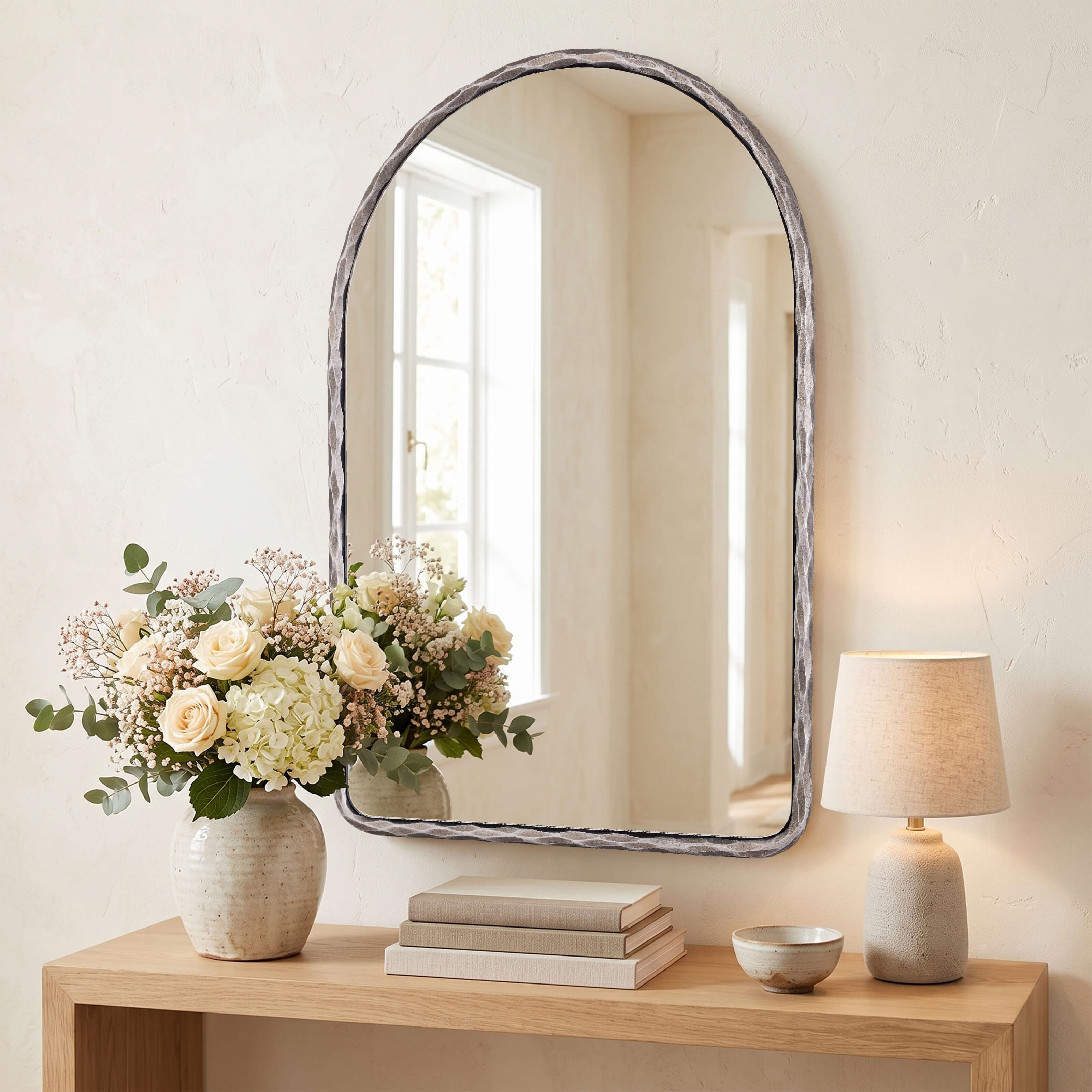 Antique Hand-Forged Iron Framed Arched Wrought Iron Bathroom Wall Mirror