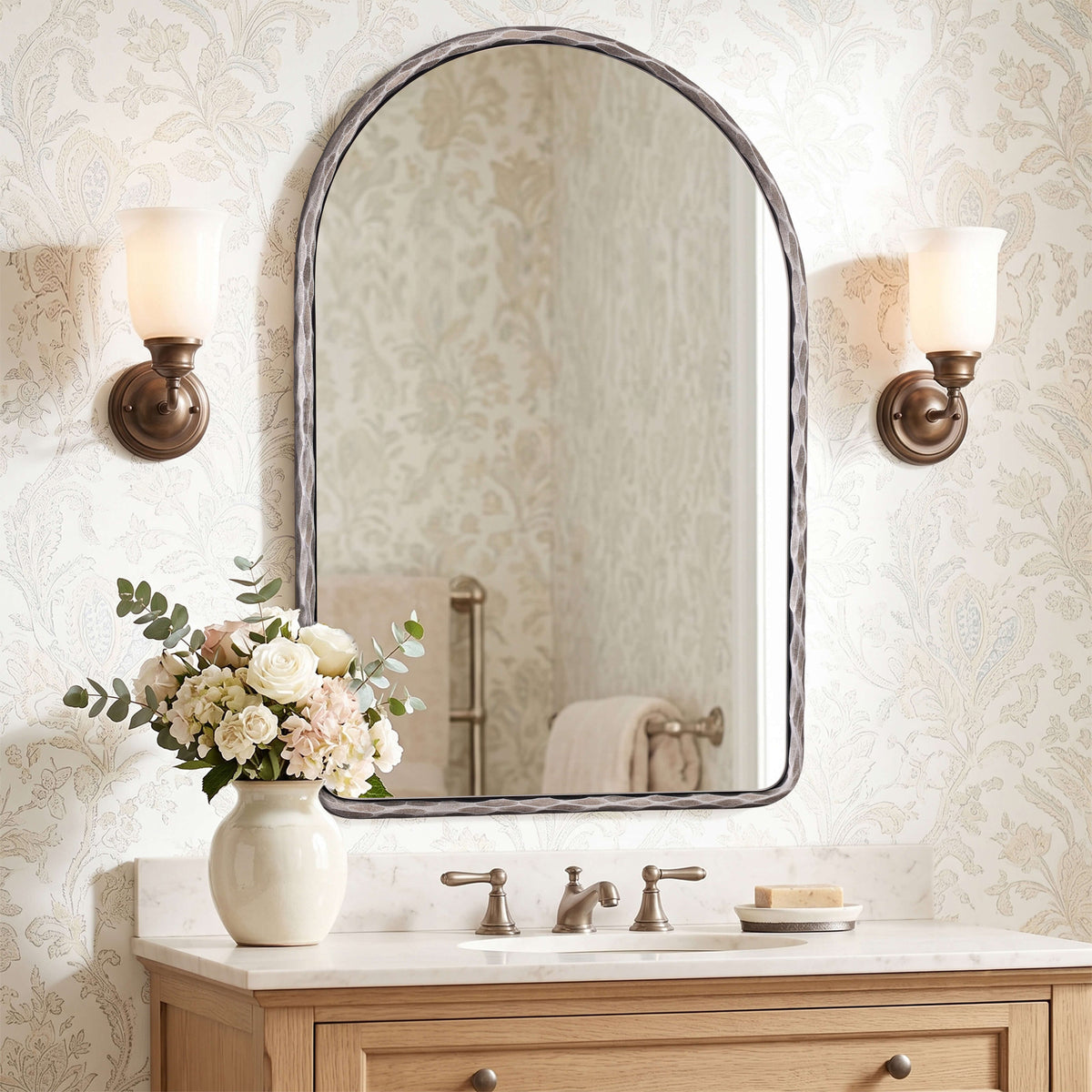 Antique Hand-Forged Iron Framed Arched Wrought Iron Bathroom Wall Mirror