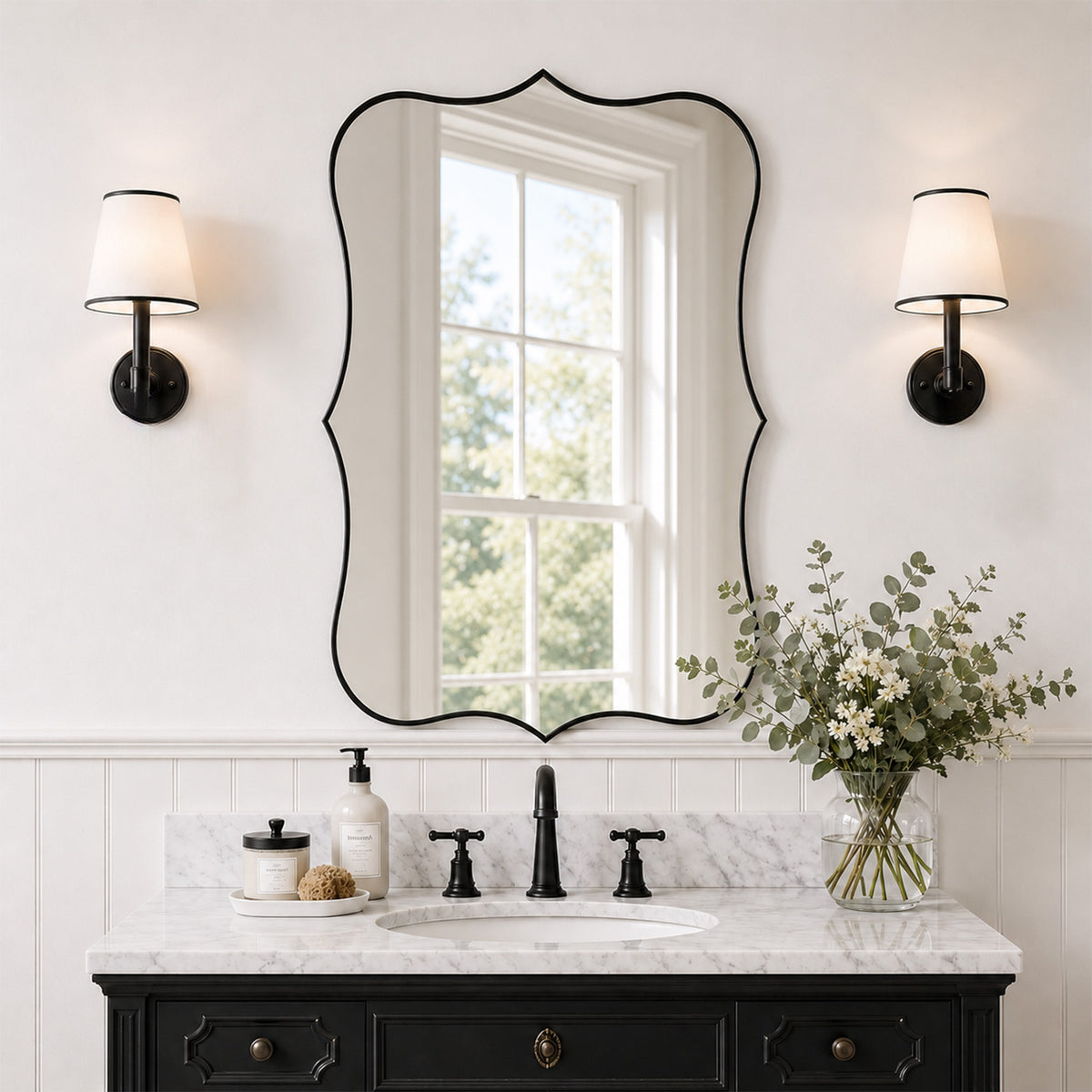 Antique Scalloped Wavy Curved Rectangle Decorative Vanity Mirror | Stainless Steel Frame