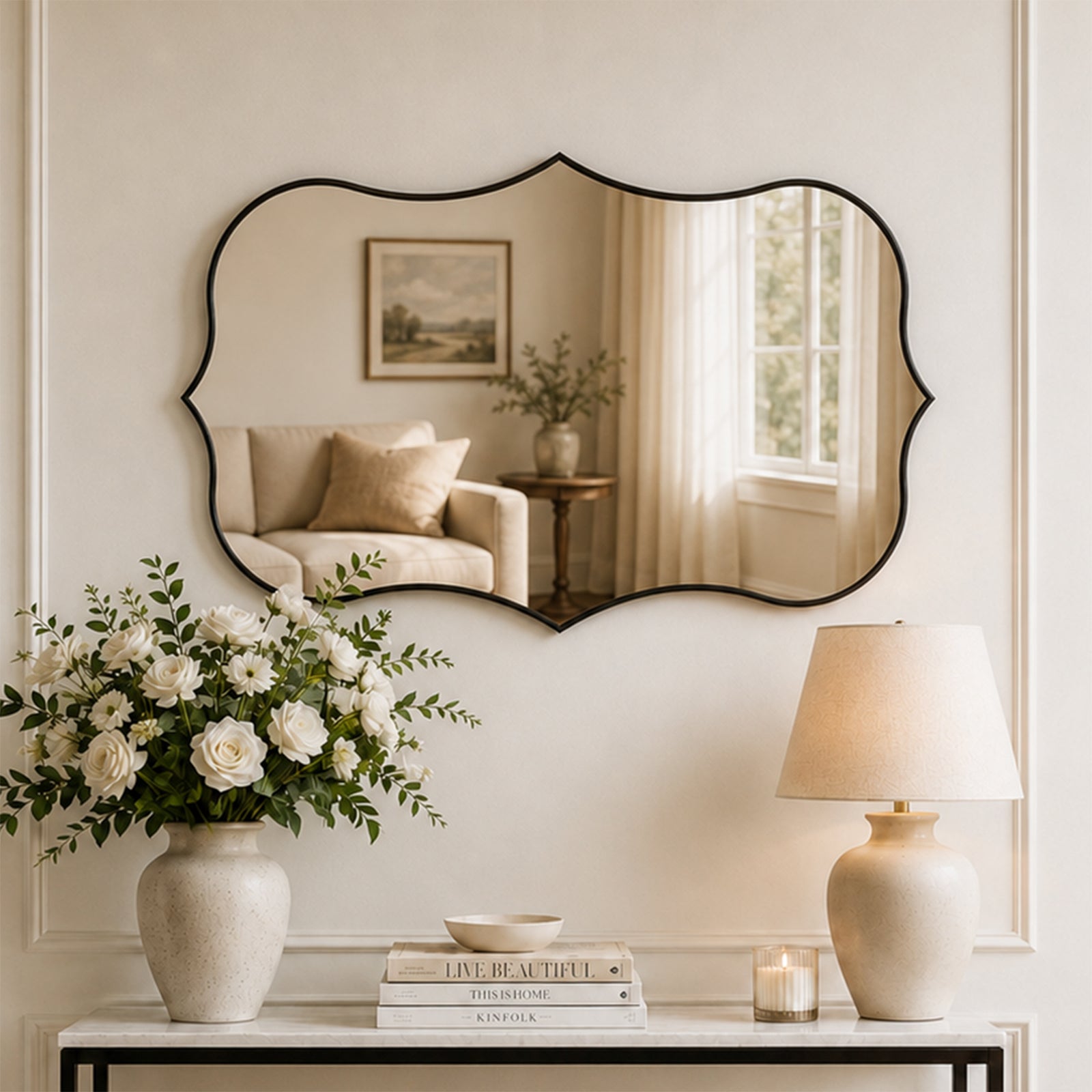 Antique Scalloped Wavy Curved Rectangle Decorative Vanity Mirror | Stainless Steel Frame