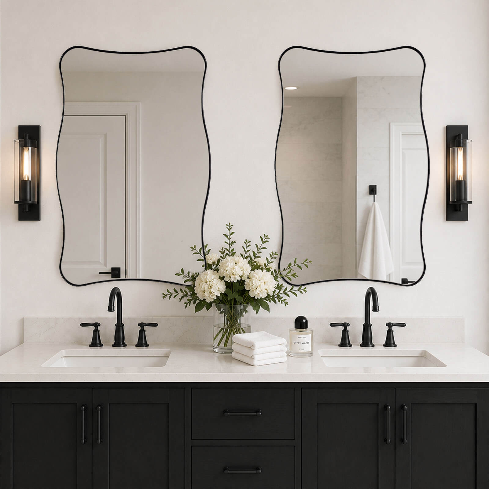 Contemporary Wavy Rectangle Scalloped Bathroom Wall Mirror | Stainless Steel Frame