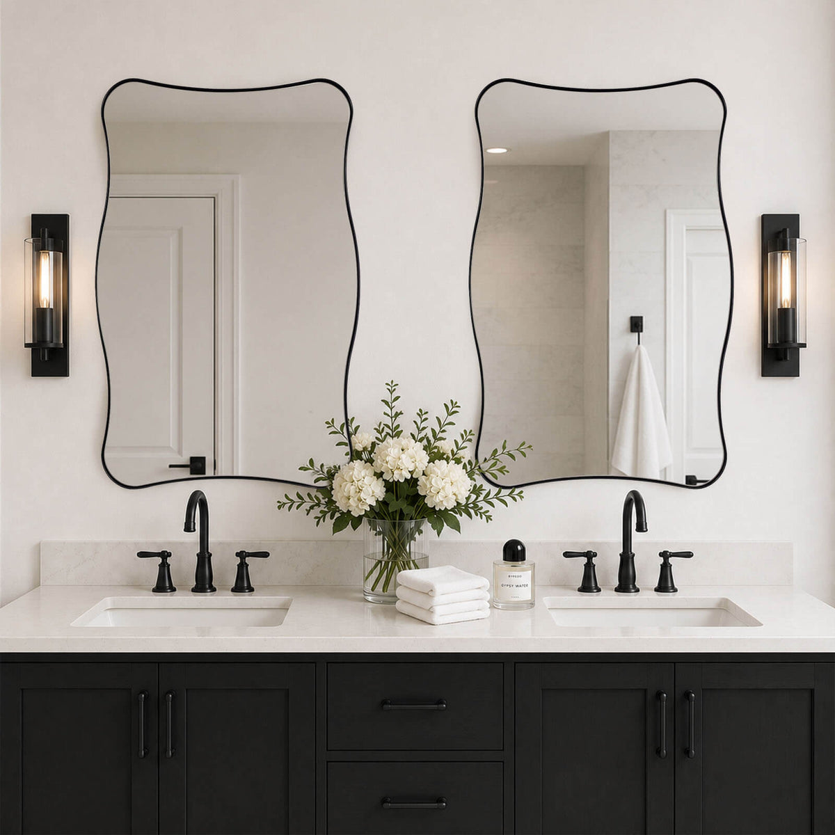 Contemporary Wavy Rectangle Scalloped Bathroom Wall Mirror | Stainless Steel Frame