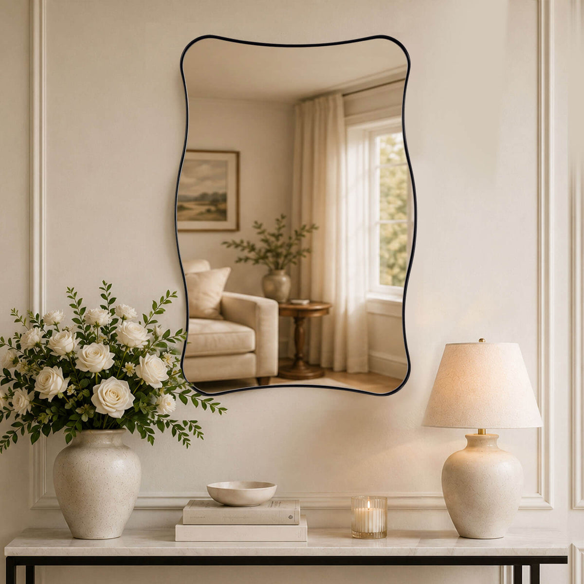 Contemporary Wavy Rectangle Scalloped Bathroom Wall Mirror | Stainless Steel Frame