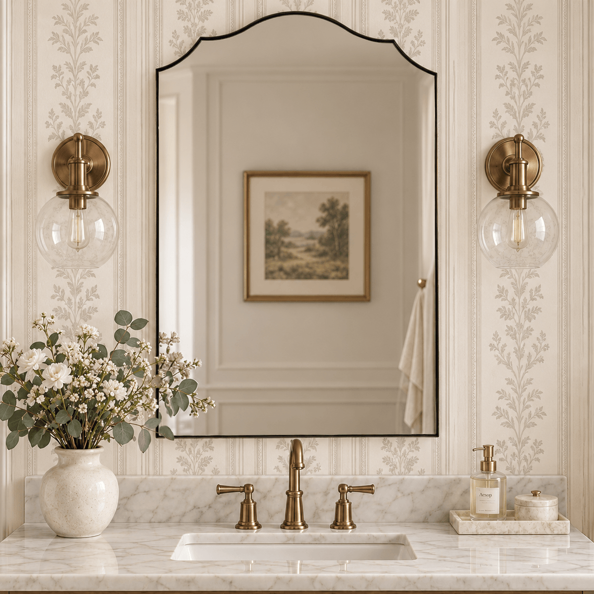 Contemporary Arched Curved Scalloped Mirror Bathroom Vanity Mirror | Stainless Steel Frame