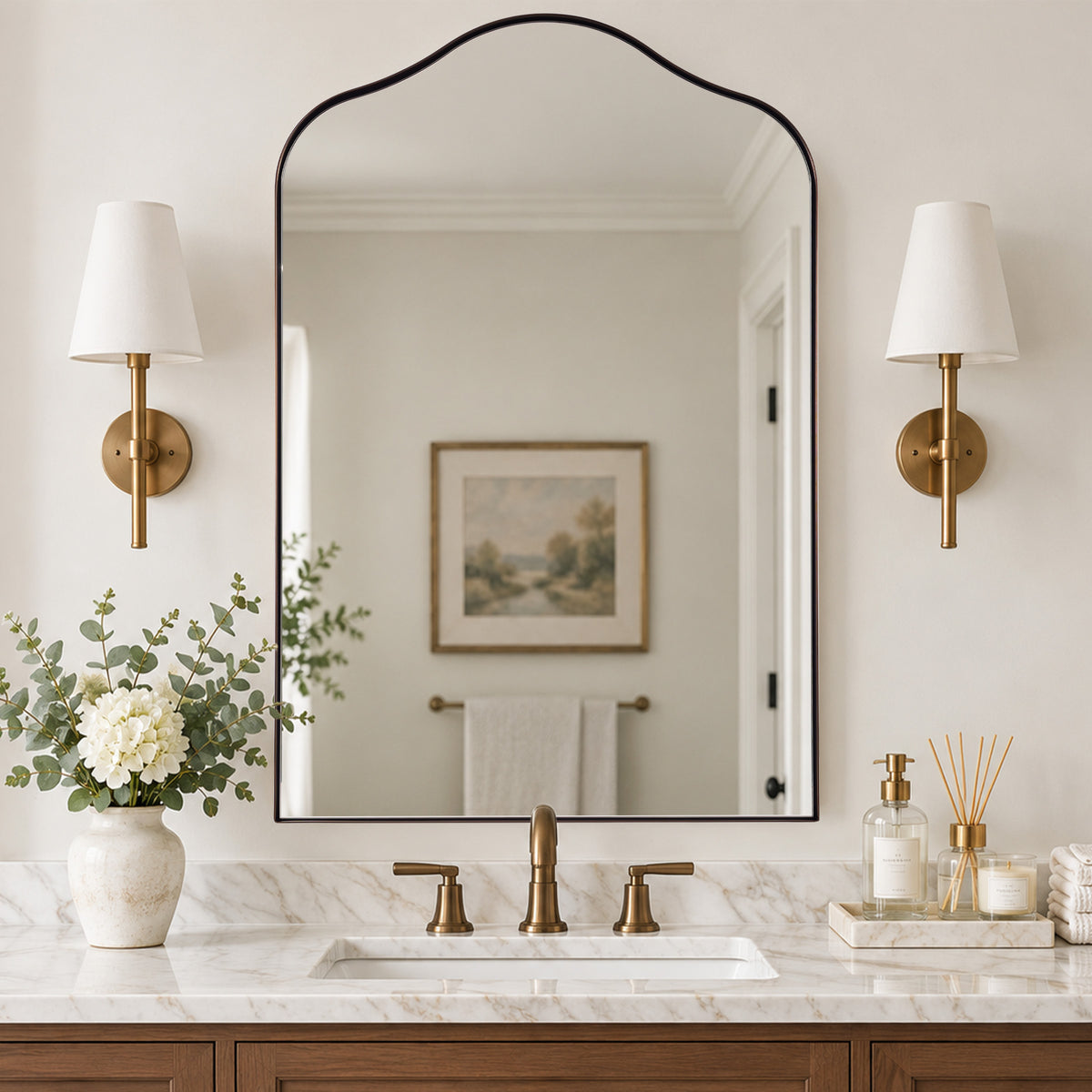 Contemporary Arched Scalloped Bathroom Vanity Mirror | Stainless Steel Frame